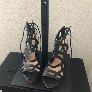 Black and brown wedge lace up heels